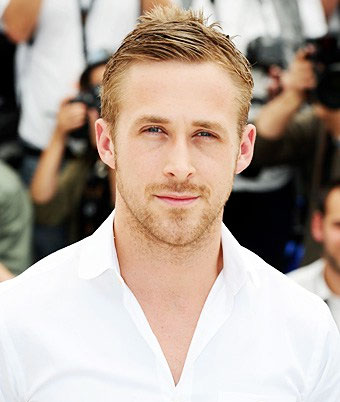 Ryan Gosling with tapered hair and white shirt