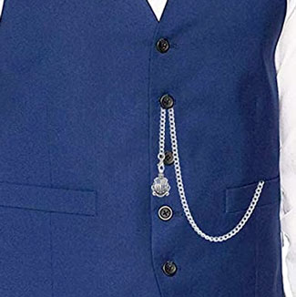 Man in blue vest wearing pocket watch with pendant 