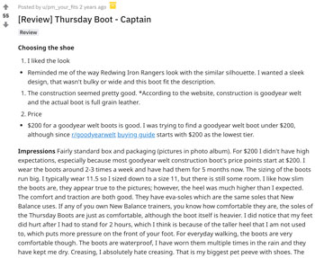 Screenshot of a reddit review for Thursday Boot Company's Captain boots 