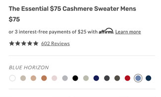 Screenshot showing Naadam Cashmere Essential Sweater colors
