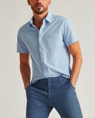 Man in light blue short sleeved summer shirt 