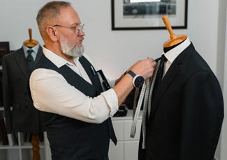 Professional clothier adjusting a custom suit