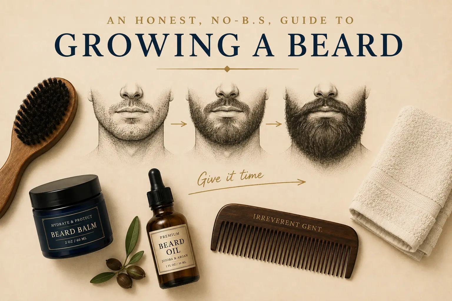 Infographic titled An Honest, No-B.S. Guide to Growing a Beard showing three stages of beard growth alongside beard oil, balm, brush, and wooden comb.