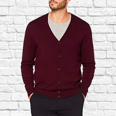 Man wearing burgundy cardigan sweater