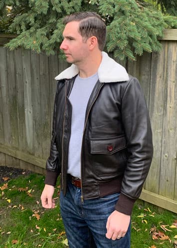Irreverent Gent Founder Dave Bowden wearing the Airin G-1 leather bomber