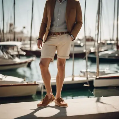 Man wearing boat shoes with shorts at a marina