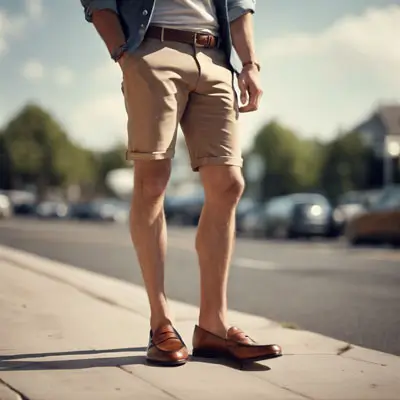Man wearing khaki shorts and penny loafers