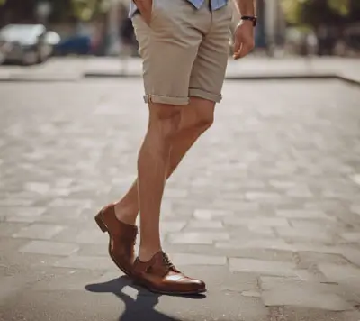 Man wearing khaki shorts and brown dress shoes
