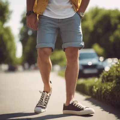 Man wearing denim shorts with canvas sneakers