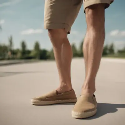 Man wearing beige espadrilles shoes with chino shorts