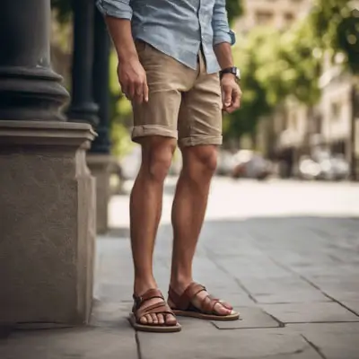 Man wearing beige shorts and brown leather sandals