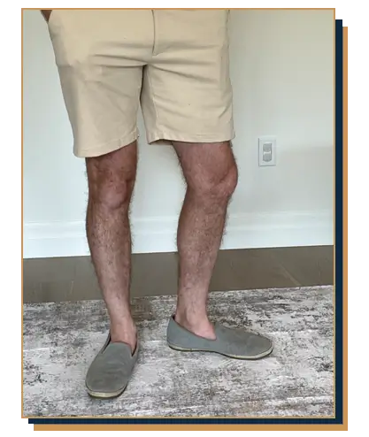 Dave Bowden wearing khaki shorts with suede espadrilles