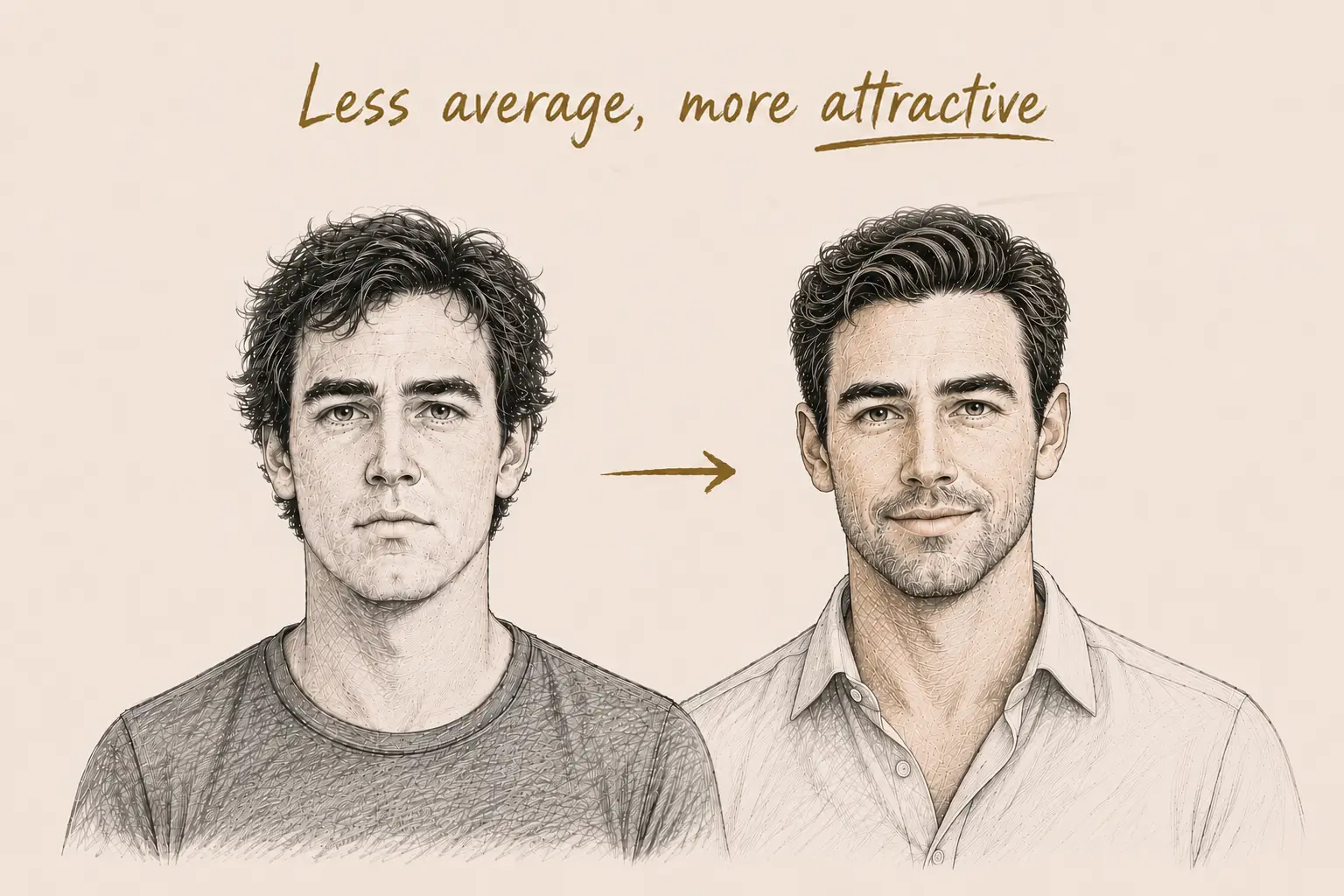 Illustration showing a transformation from an average looking guy into a handsome man