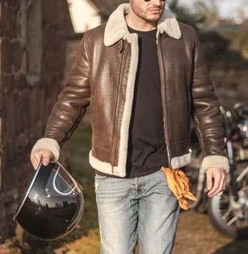 Man wearing shearling leather jacket