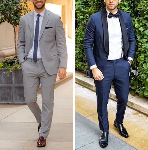 Side by side picture of man wearing a grey suit and a blue tuxedo 