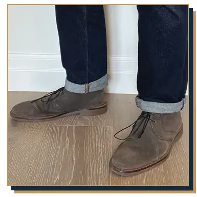 Irreverent Gent founder Dave Bowden modelling grey suede chukka boots