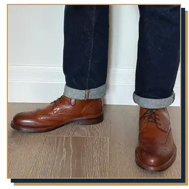 Irreverent Gent founder Dave Bowden modelling cognac leather wingtip boots