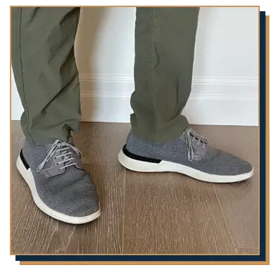 Irreverent Gent founder Dave Bowden modelling gray hybrid shoes