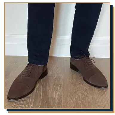 Irreverent Gent founder Dave Bowden modelling chocolate brown suede oxfords