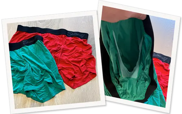 Close-up comparison of red and green Shinesty men's boxer briefs, showing the interior ball pouch support structure.