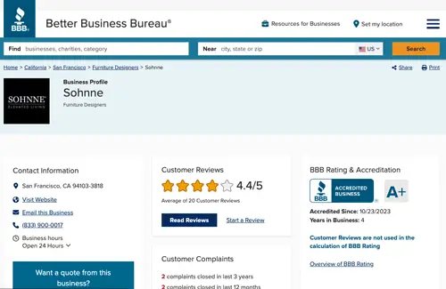 Screenshot of Sohnne profile on the Better Business Bureau website