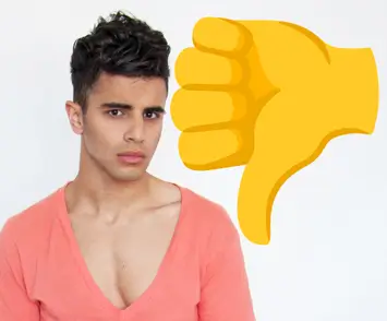 A man wearing a deep v with a thumbs down emoji next to him