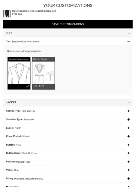 Screenshot of Indochino customizations