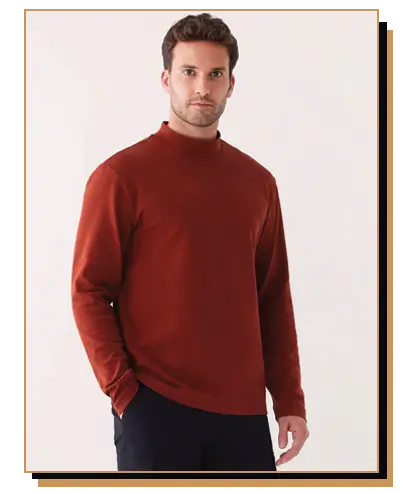 Man wearing a red mock neck sweater