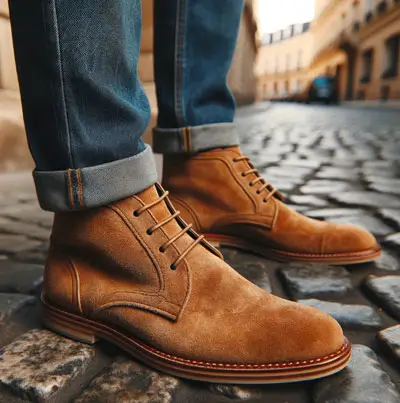 Man wearing tan suede boots with jeans on cobbled street