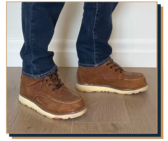 Dave Bowden wearing blue jeans and brown suede Work boots from Brunt