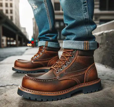 Man wearing brown moc toe work boots on city street
