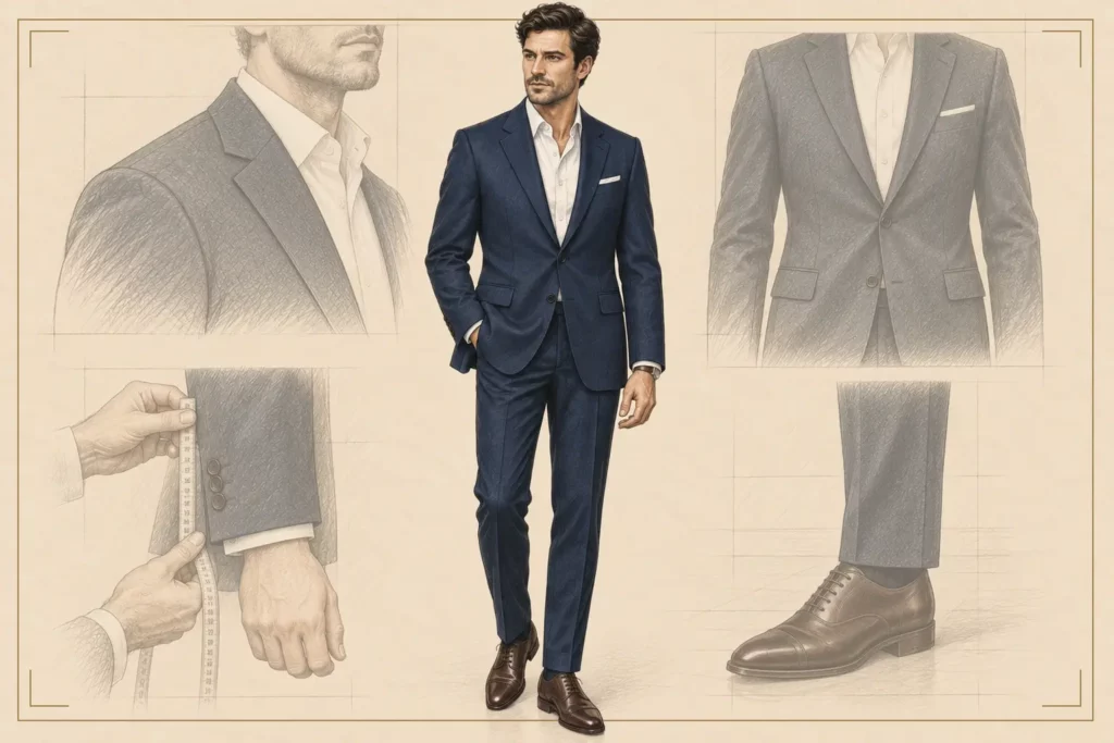 Illustrated guide to proper suit fit showing a man in a tailored navy suit with detailed sketches of the shoulders, sleeves, jacket and trouser break.