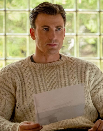 Chris Evans wearing a cable knit sweater in Knives Out
