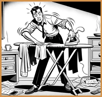 Illustration of a man frantically ironing his clothes