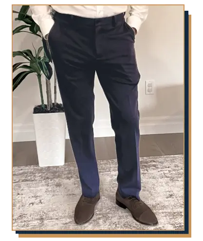 Navy blue X Pants worn by Irreverent Gent founder Dave Bowden