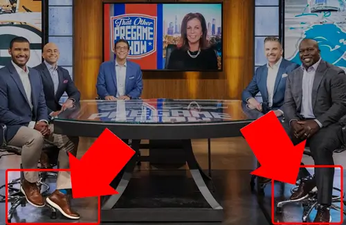 Screenshot from That Other Pregame show isolated to show two hosts wearing white-soled dress shoes