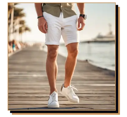 Man wearing white sneakers and shorts walking on the boardwalk in summer