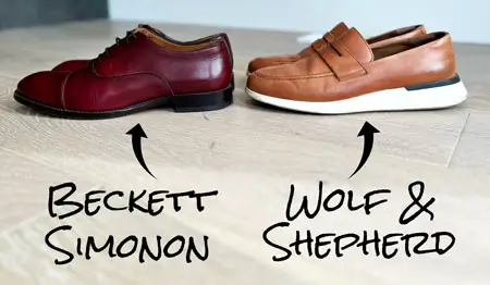 Image showing Beckett Simonon and Wolf and Shepherd dress shoes side by side