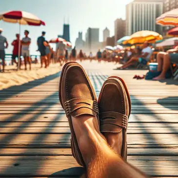 Close up shot of a man wearing penny loafers on a boardwalk 