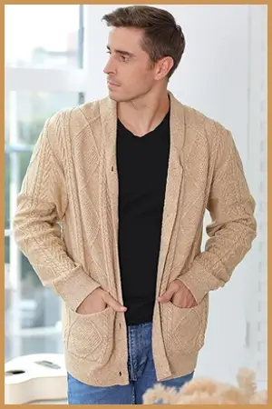 Man wearing beige shawl collar cardigan that's too long