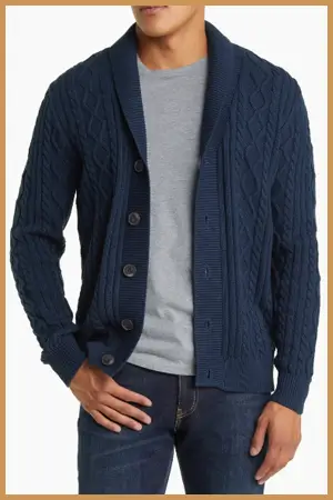 Man wearing blue shawl collar sweater