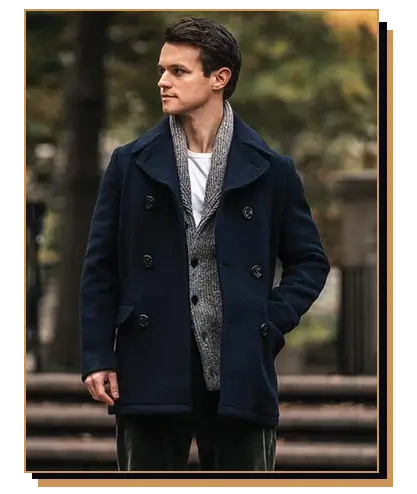 Man wearing a shawl collar sweater under a peacoat