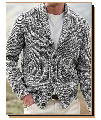 Man wearing grey shawl collar cardigan and white pants