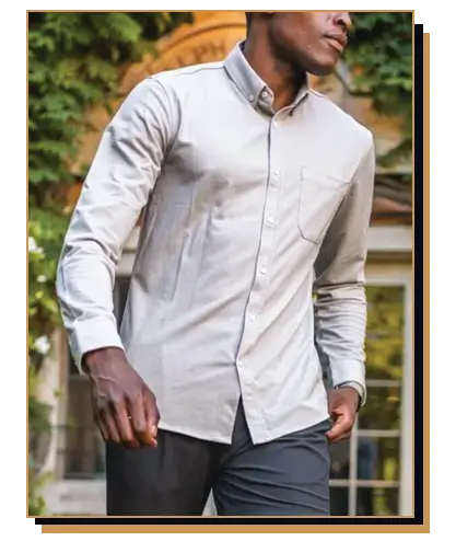 Man wearing grey button down shirt