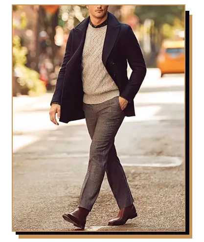 Man wearing sweater and peacoat on a fall day 