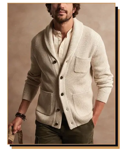 Man wearing white shawl collar sweater 