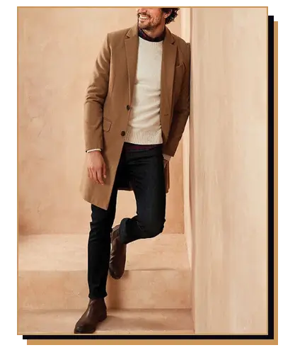 Man wearing camel top coat 