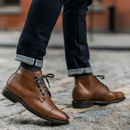 Man wearing leather boots with jeans