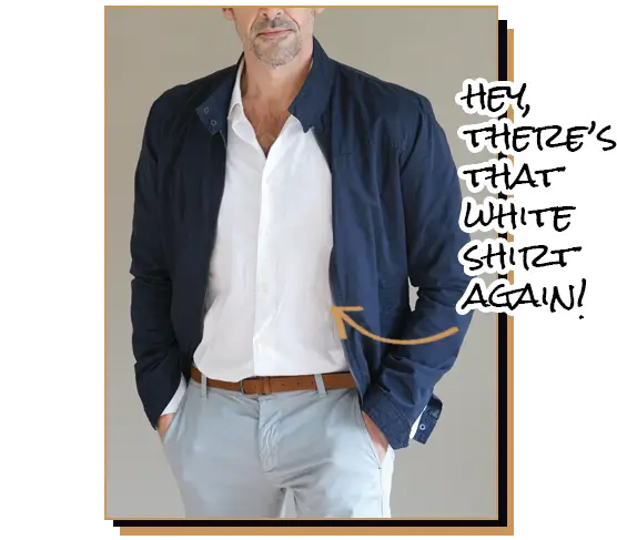 Man wearing navy blue jacket over white shirt