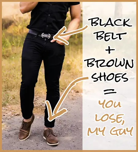 Illustration of man wearing a black belt with brown shoes